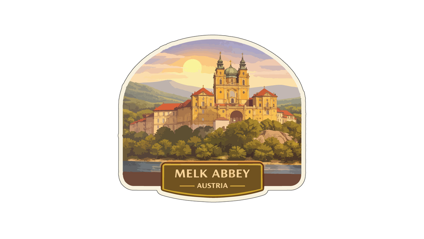 Melk Abbey, a historic landmark in Austria, is depicted in a scenic landscape with a castle, trees, and a river.