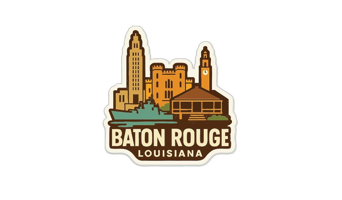 A sticker or emblem featuring the skyline of Baton Rouge, Louisiana, with various landmarks and buildings depicted in a stylized manner.