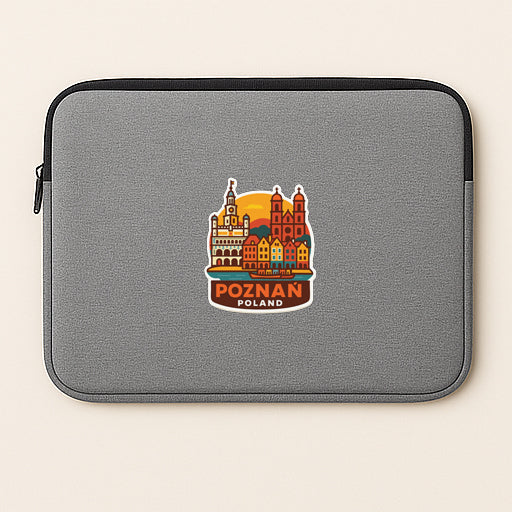 A gray laptop sleeve with a sticker depicting the city of Poznan, Poland.