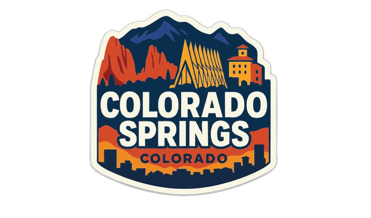 a stylized logo for Colorado Springs, with mountains, buildings, and a city skyline in the background.