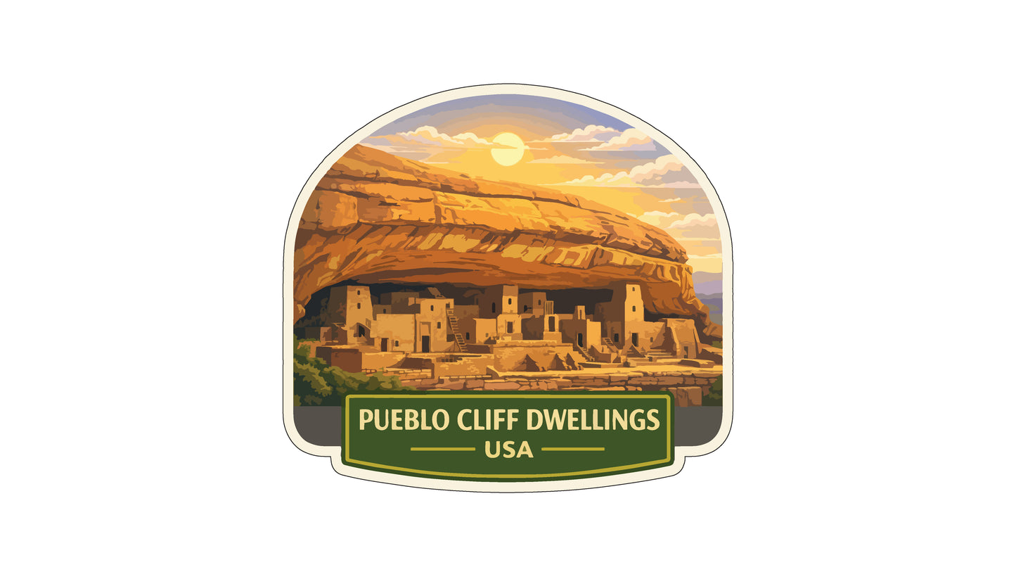 a sticker or label with a scenic illustration of Pueblo Cliff Dwellings in the USA.