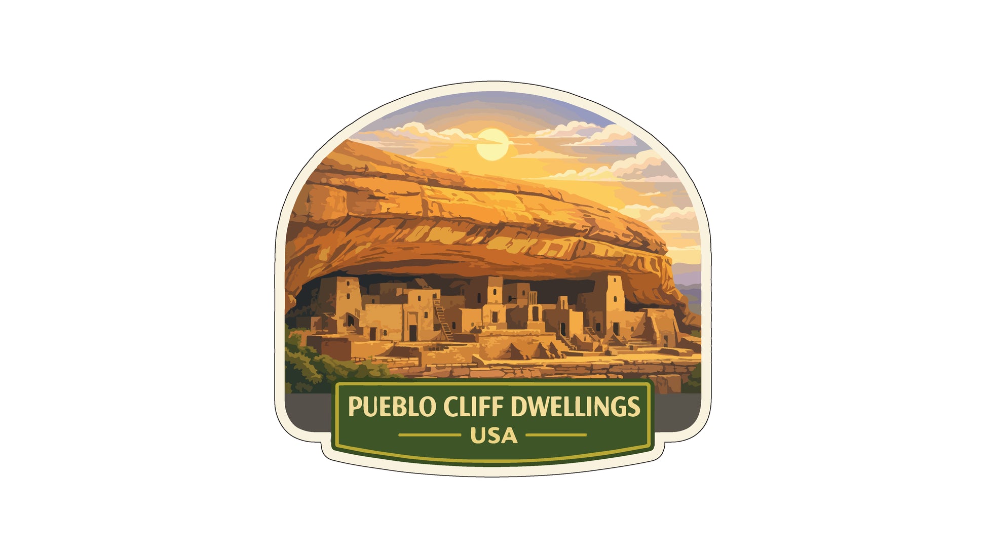 a sticker or label with a scenic illustration of Pueblo Cliff Dwellings in the USA.