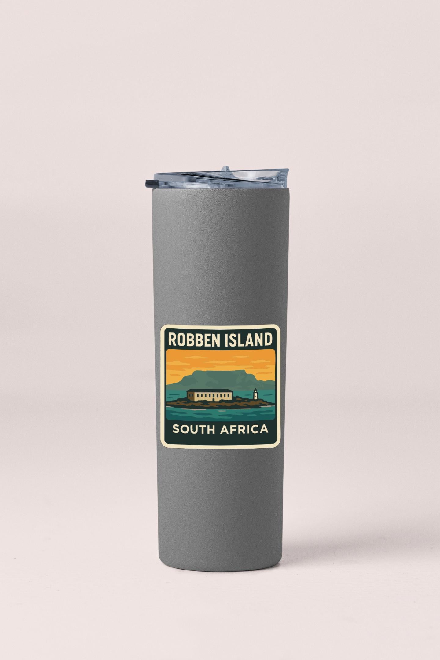 A gray insulated tumbler with a label that says "Robben Island South Africa".