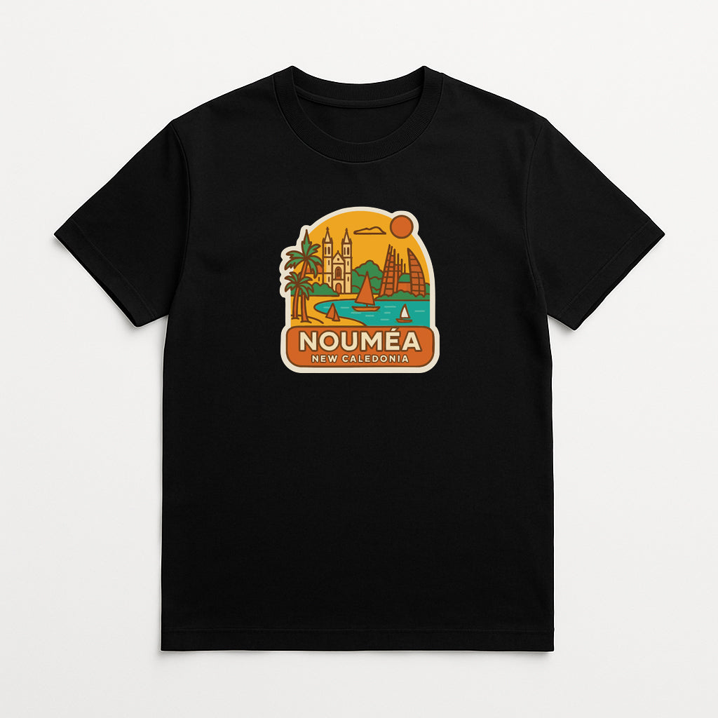 A black t-shirt with a graphic design depicting a tropical beach scene with palm trees, a castle, and a sun.