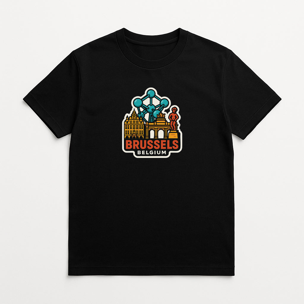 A black t-shirt with a graphic design depicting the Brussels cityscape and the text "BRUSSELS BELGIUM" printed on it.