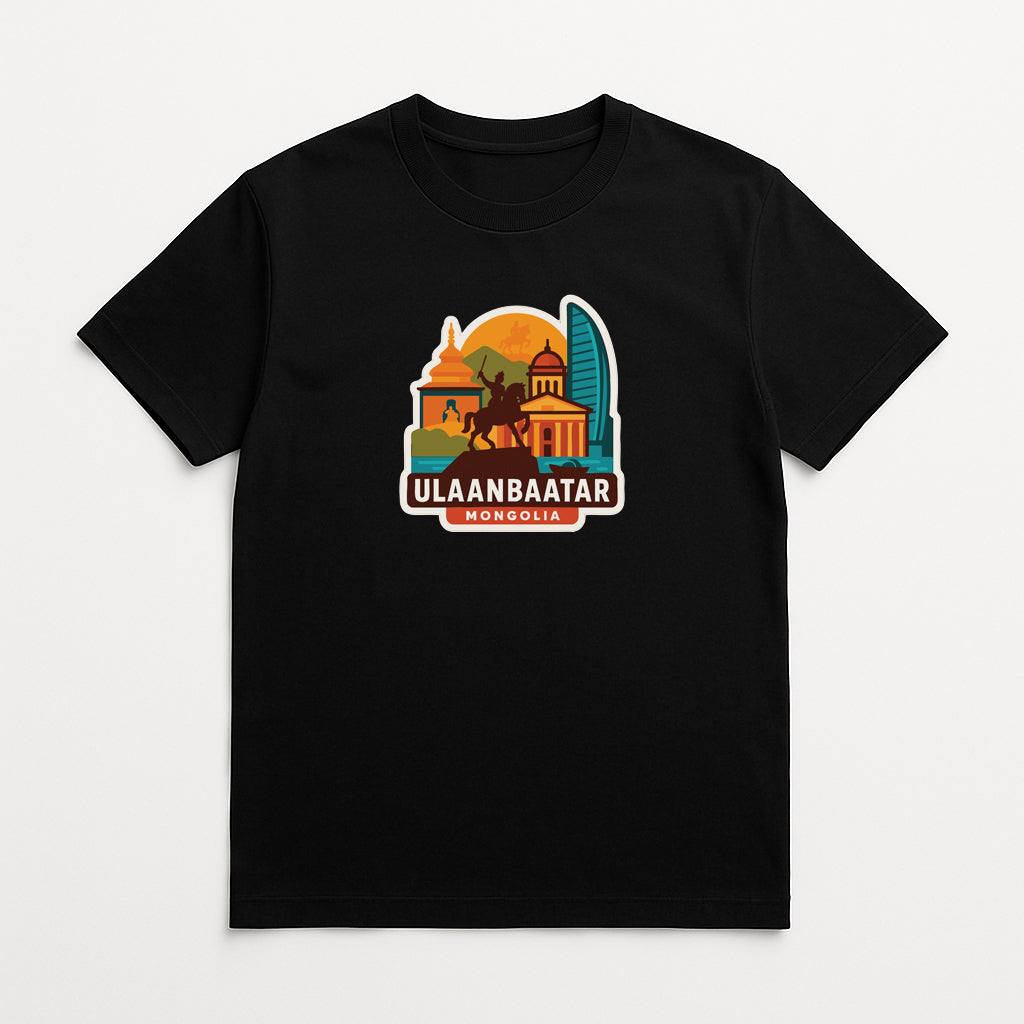A black t-shirt with a graphic design depicting landmarks and buildings in Mongolia, along with the text "ULAANBAATAR MONOLGOLIA".