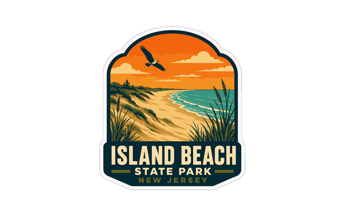 A sticker or emblem featuring a beach scene with a bird flying over the ocean, surrounded by grass and vegetation.