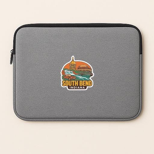A gray laptop sleeve with a sticker depicting a cityscape and the text "SOUTH BEND, INDIANA" printed on it.