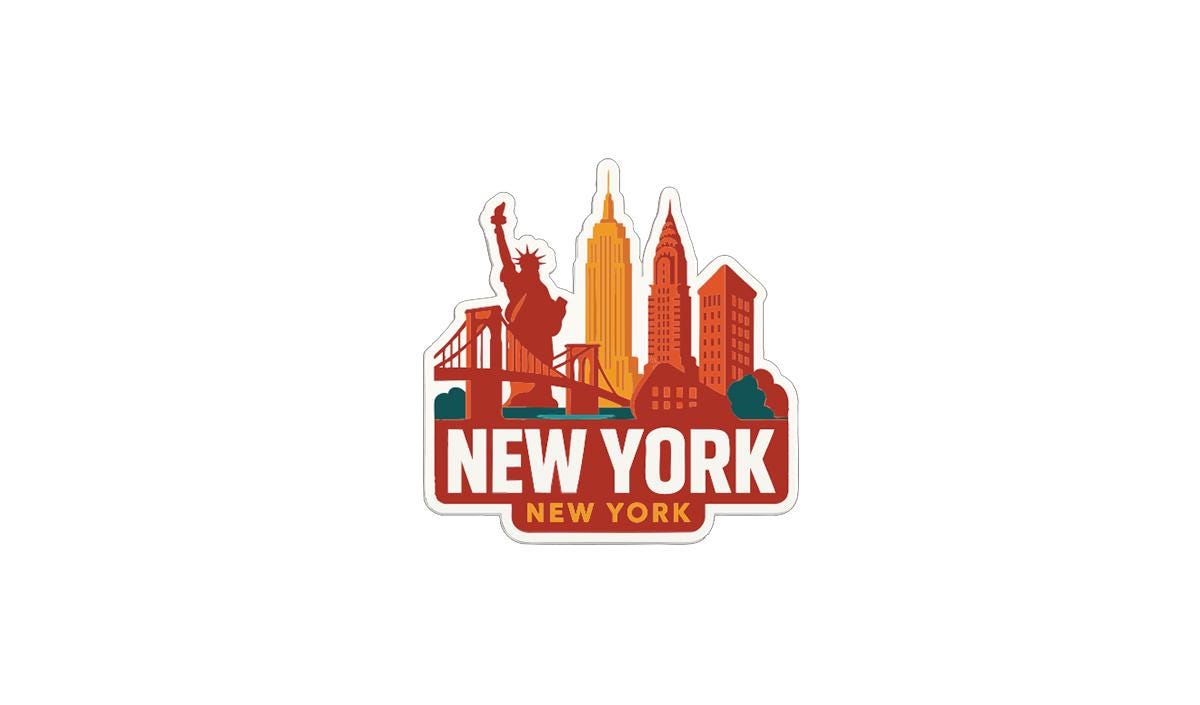 A sticker or logo featuring the silhouette of the Statue of Liberty and iconic New York City buildings, with the text "NEW YORK" prominently displayed.