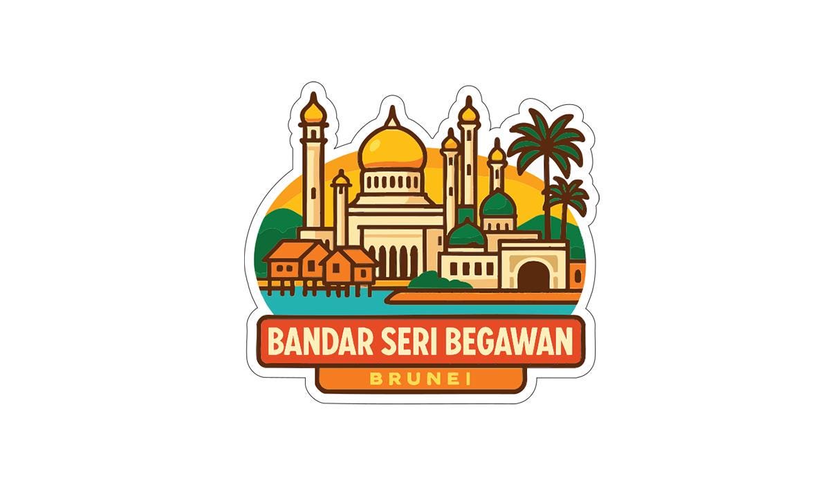a sticker or illustration of the city of Bandar Seri Begawan, Brunei, with various landmarks and buildings depicted in a stylized manner.