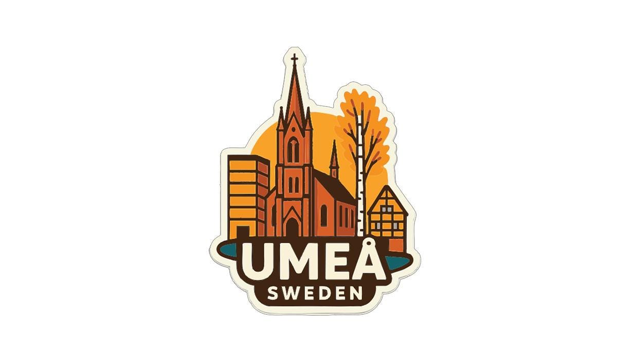 A sticker depicting a cityscape with a church, buildings, and trees, along with the text "UMEA SWEDEN"