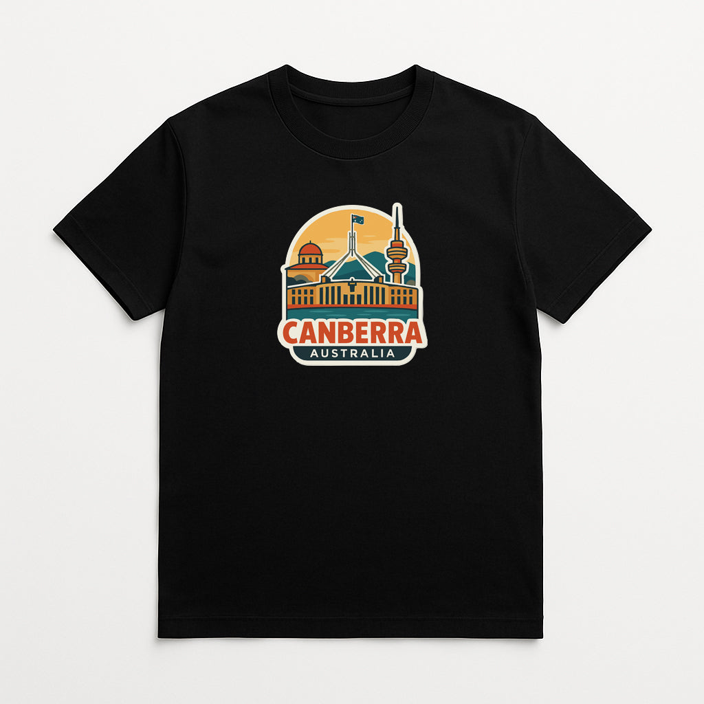 A black t-shirt with a graphic design depicting the skyline of the city of Canberra, Australia.