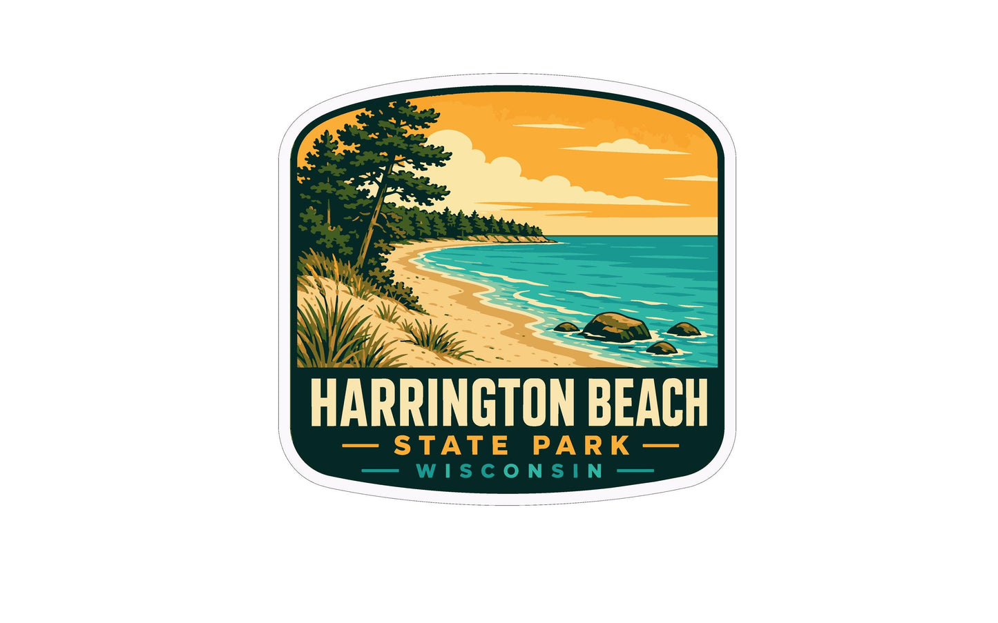A sticker or logo depicting a scenic beach landscape with a rocky shoreline, palm trees, and a body of water.