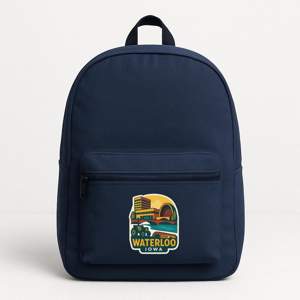 A navy blue backpack with a graphic of a cityscape and the text "WATERLOO IOWA" printed on it.