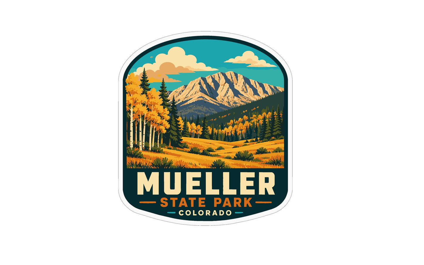 A sticker or emblem featuring a scenic landscape with mountains, trees, and a valley, with the text "MUELLER STATE PARK COLORADO" prominently displayed.