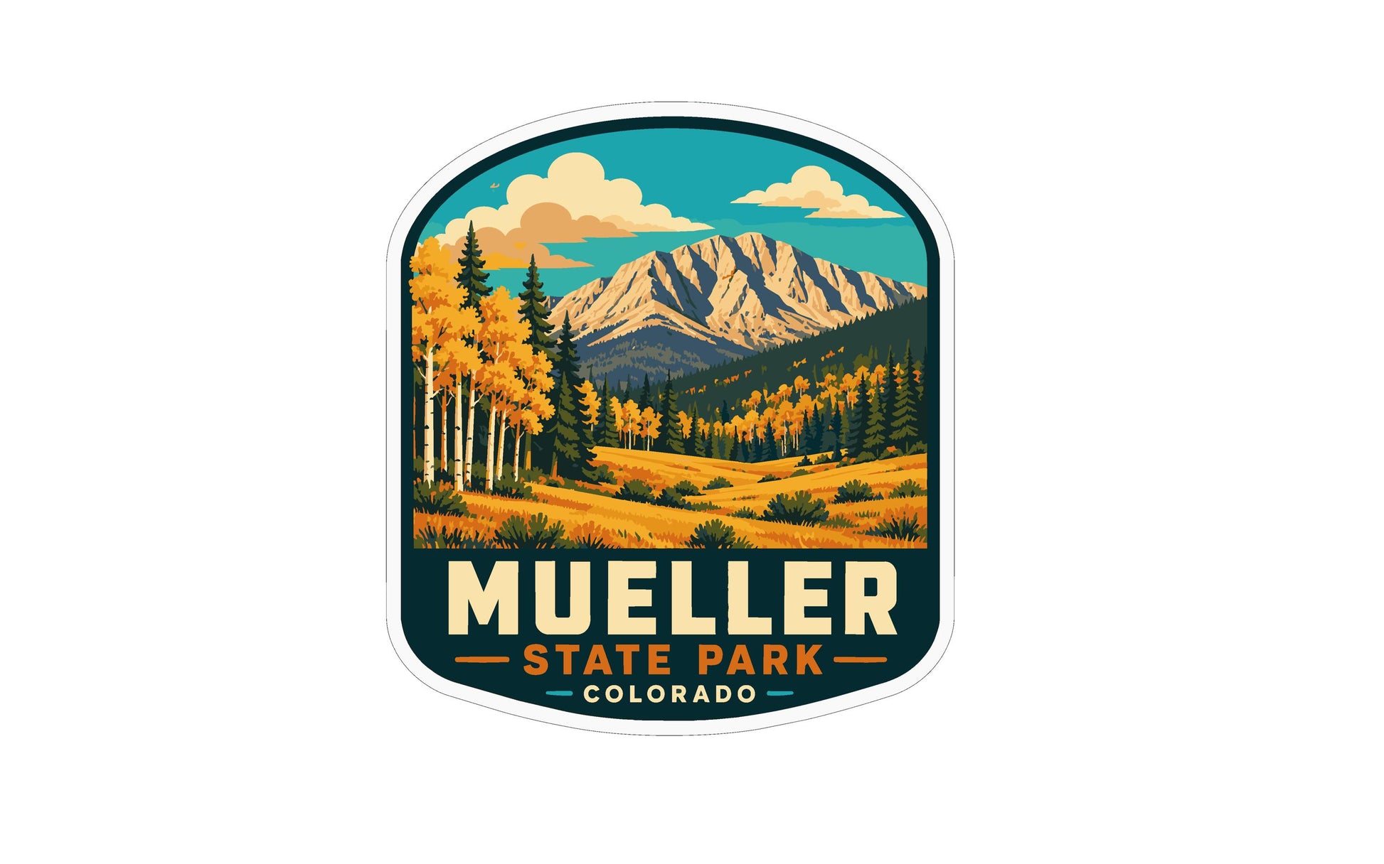 A sticker or emblem featuring a scenic landscape with mountains, trees, and a valley, with the text "MUELLER STATE PARK COLORADO" prominently displayed.