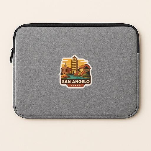 A gray laptop sleeve with a San Angelo, Texas-themed patch or logo on it.