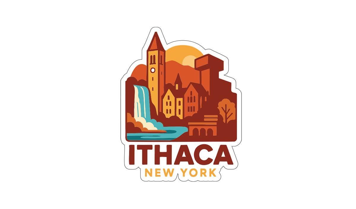 a stylized illustration of a cityscape with a clock tower, buildings, and a waterfall, along with the text "Ithaca New York" prominently displayed.