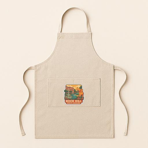 A beige apricot with a graphic design on the front pocket, featuring a scenic landscape with a building and a body of water.