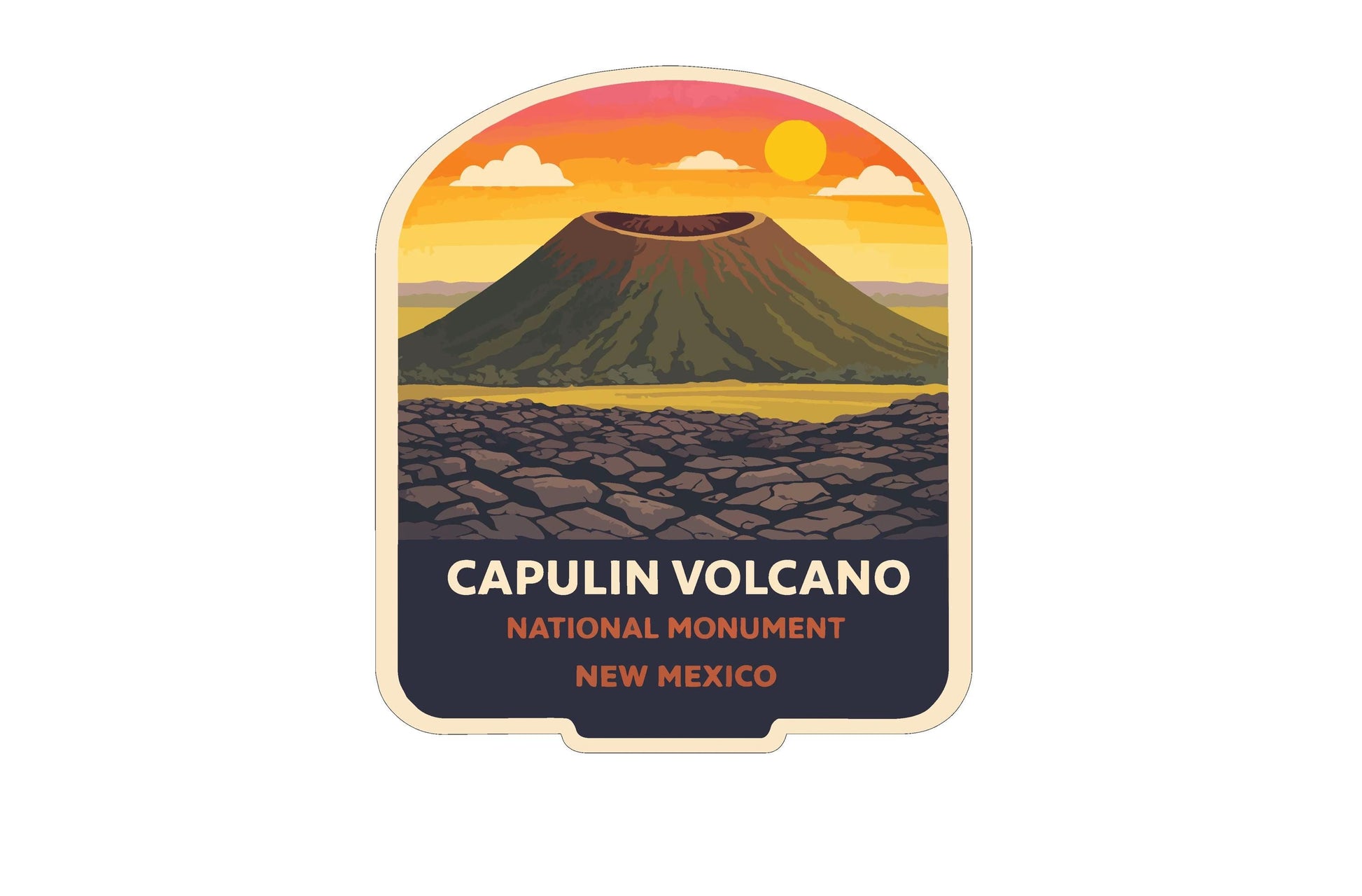 a sticker or label with a stylized illustration of a volcano and a sunset.