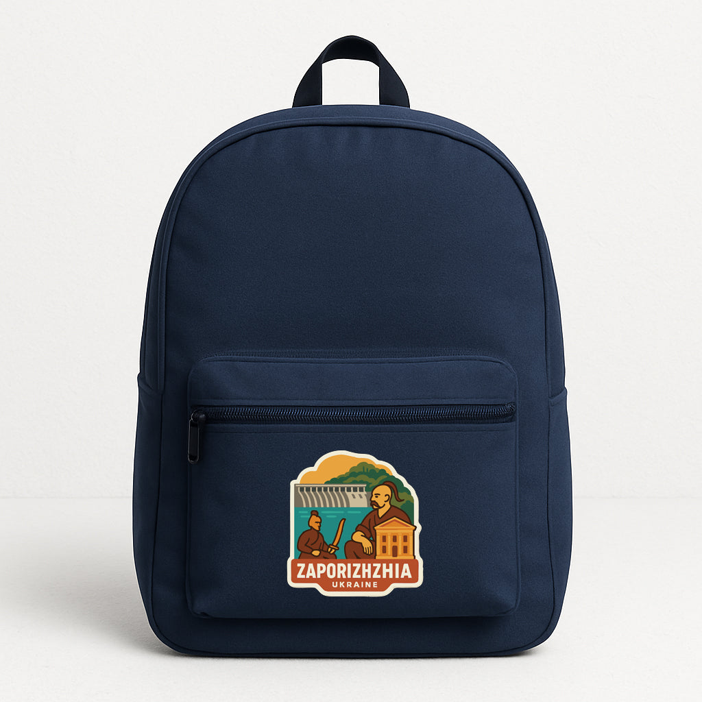 A navy blue backpack with a sticker on the front that says "ZAPORIZHIA KBRU" and features an illustration of a person and a building.