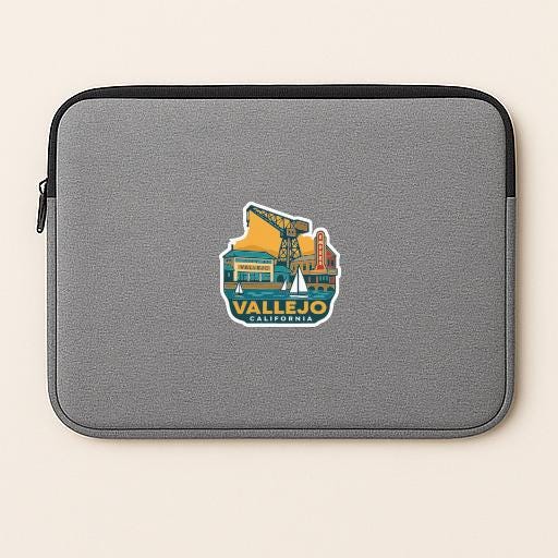 A gray laptop sleeve with a sticker depicting a cityscape and the text "Vallejo, California".