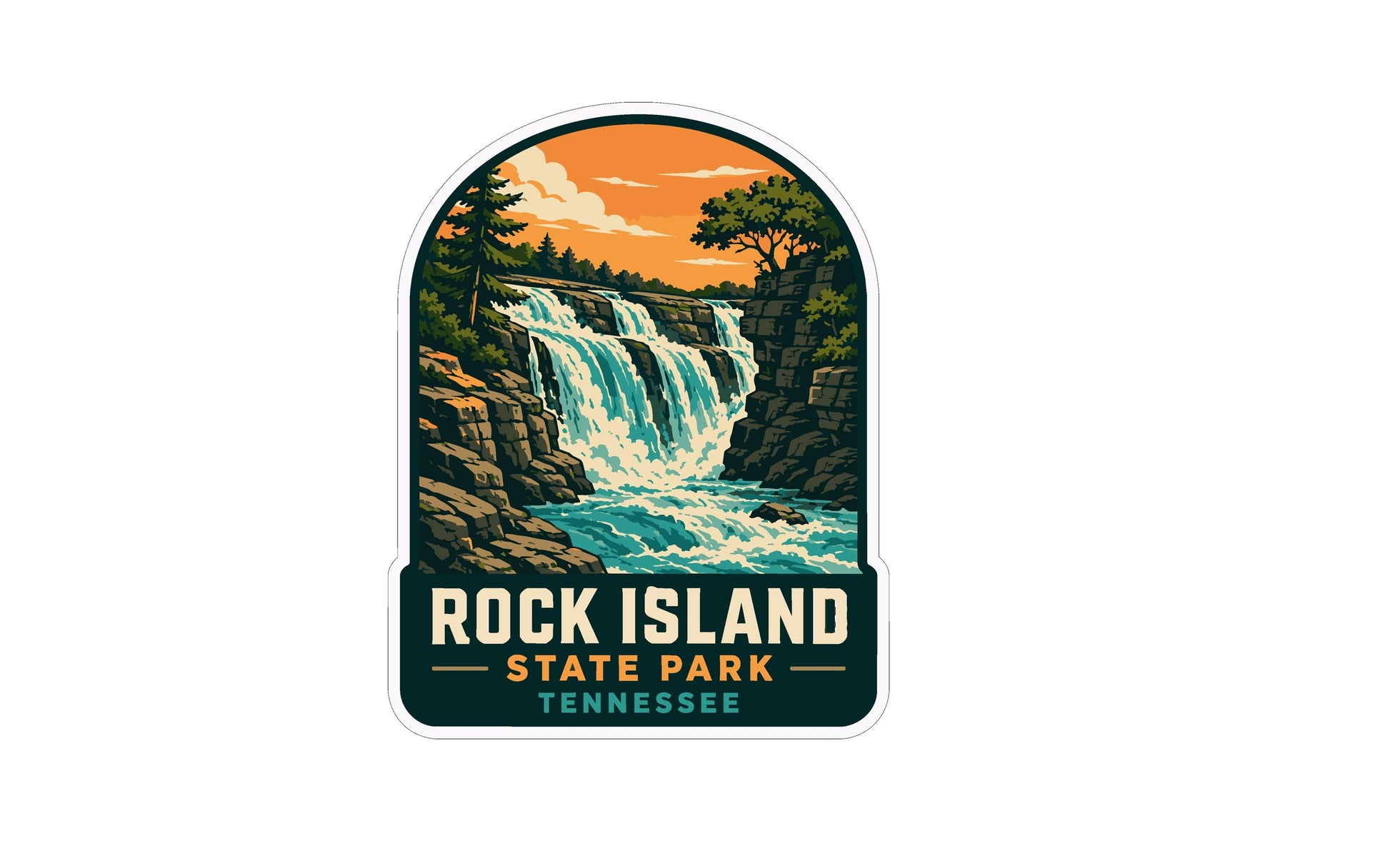 A sticker depicting a waterfall in a scenic landscape, with the text "ROCK ISLAND STATE PARK TENNESSEE" prominently displayed.