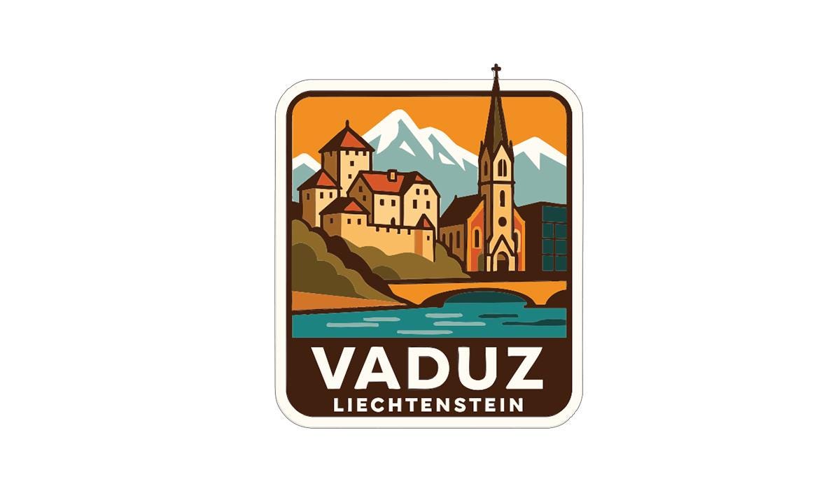 a sticker or logo with a stylized illustration of a town or city, including a church, mountains, and a river. The text "VADuz Liechtenstein" is displayed below the illustration.
