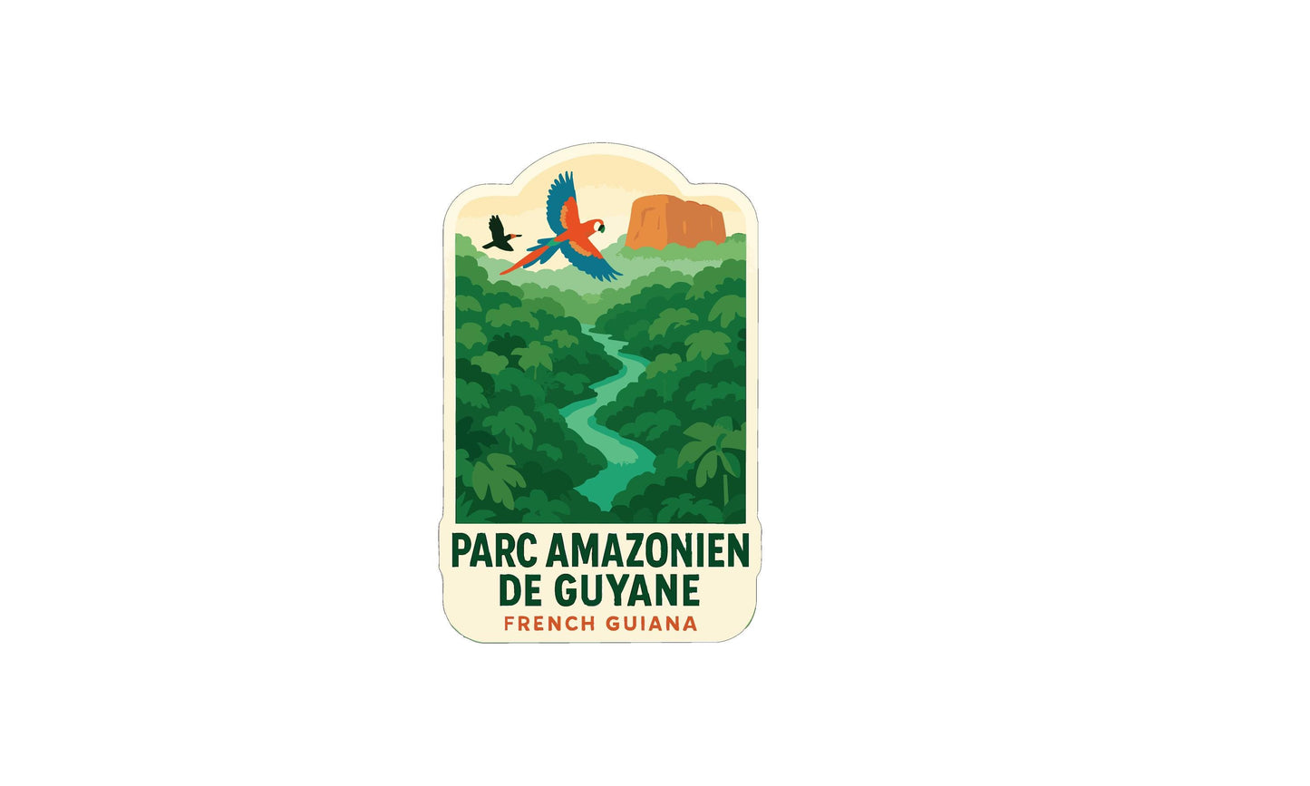 The image is a sticker or label for the "Parc Amazonien de Guyane" (PARC Amazonian Guyane) in French Guiana. It features a tropical landscape with a winding river, lush green foliage, and colorful birds flying in the sky.