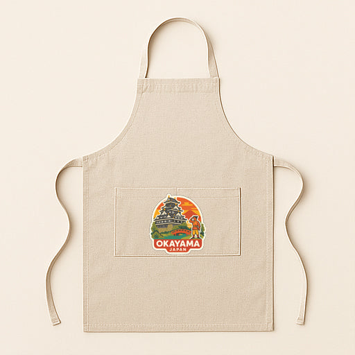 A beige apricot with a graphic of a castle and the text "OKAYAMA" printed on it.