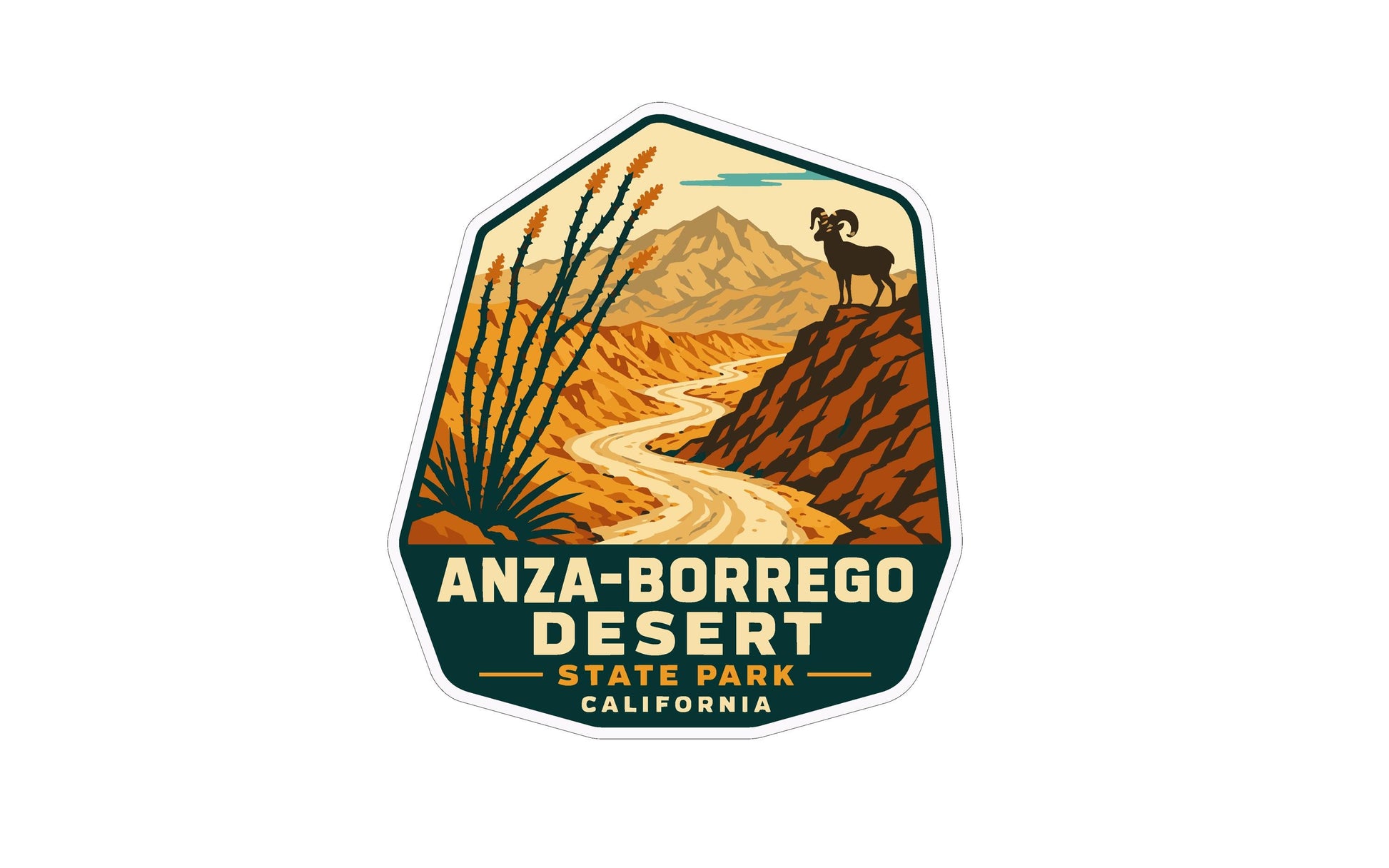 a sticker or emblem with a desert landscape and a mountain range, along with a silhouette of a ram or goat.