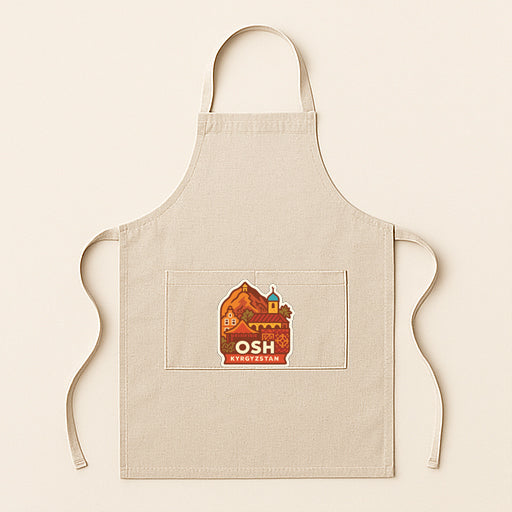 A beige apricot with a graphic design on the front pocket, featuring a mountain landscape and the text "OISH" in the center.