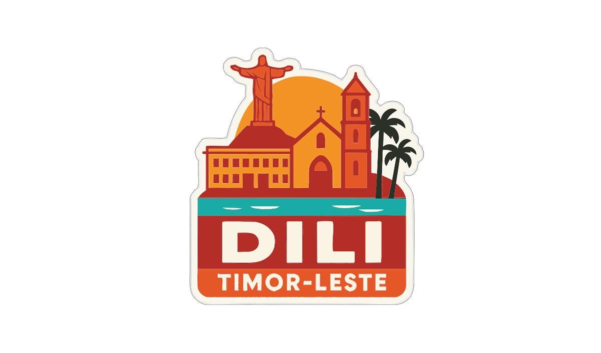 A sticker or logo featuring a stylized illustration of a city skyline with a large statue, palm trees, and a body of water.