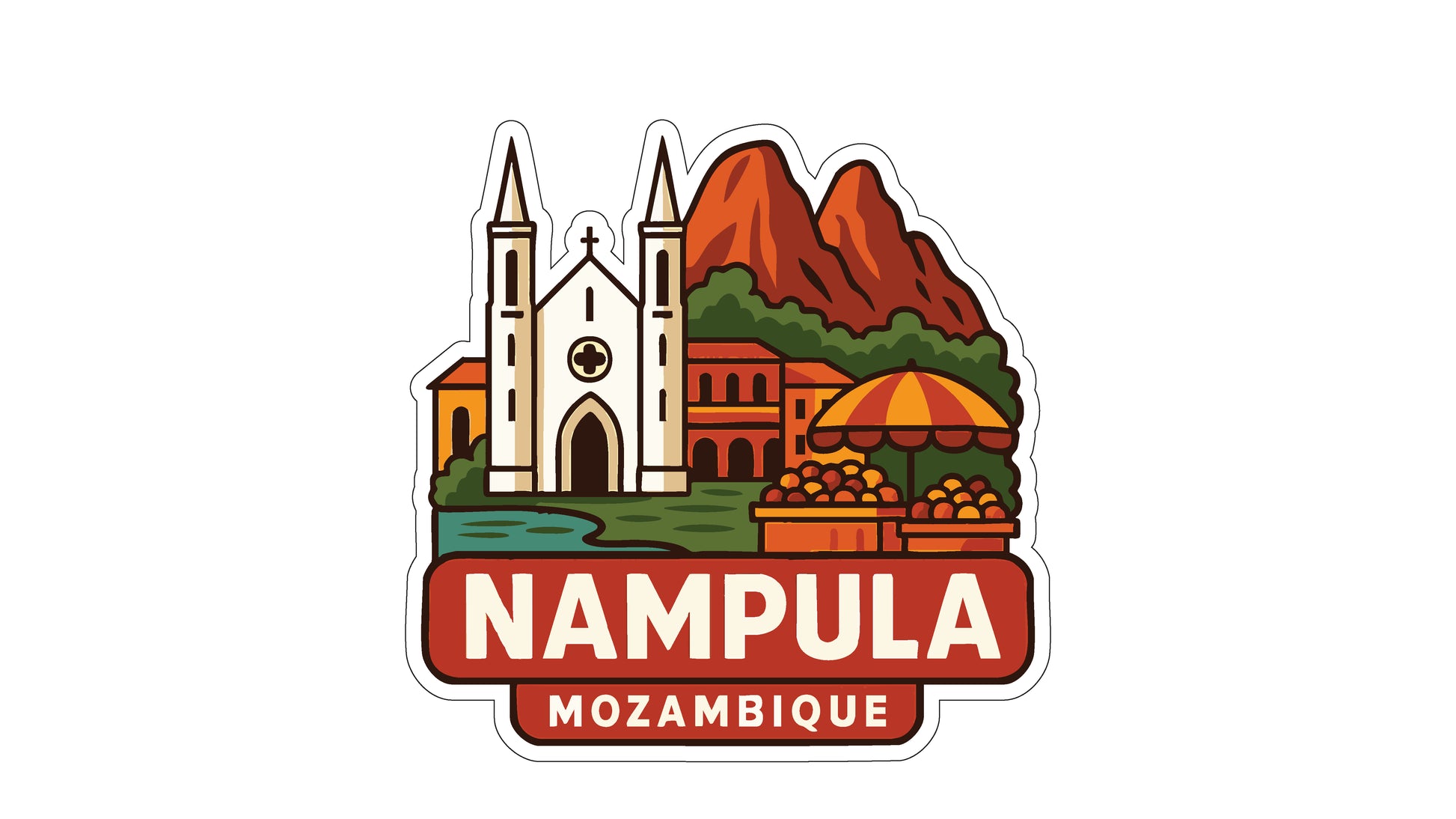 a sticker or logo depicting the city of Nampula, Mozambique.