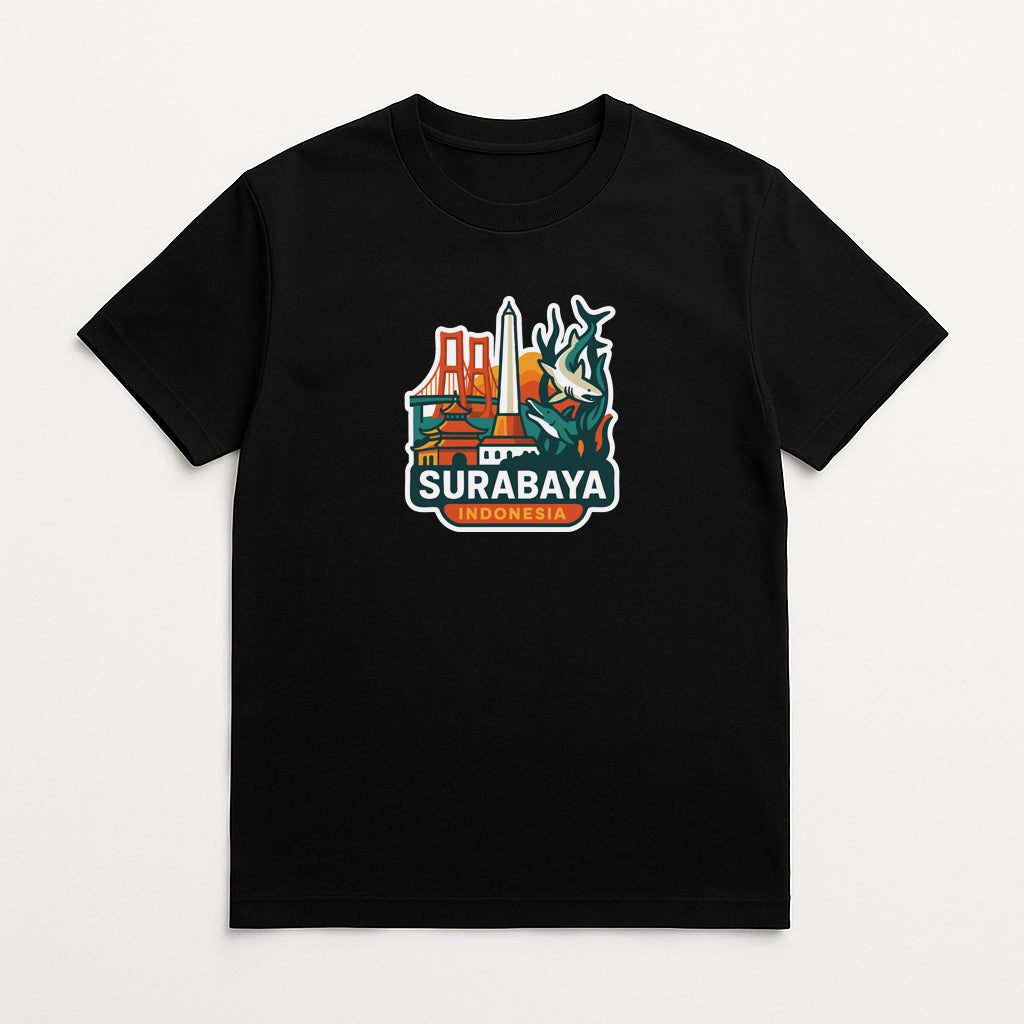 A black t-shirt with a graphic design featuring the city of Surabaya, Indonesia.