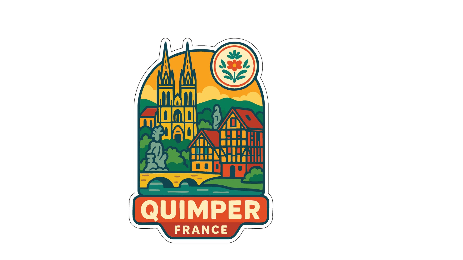A colorful illustration of Quimper, France, featuring the iconic Quimper Cathedral and surrounding buildings.