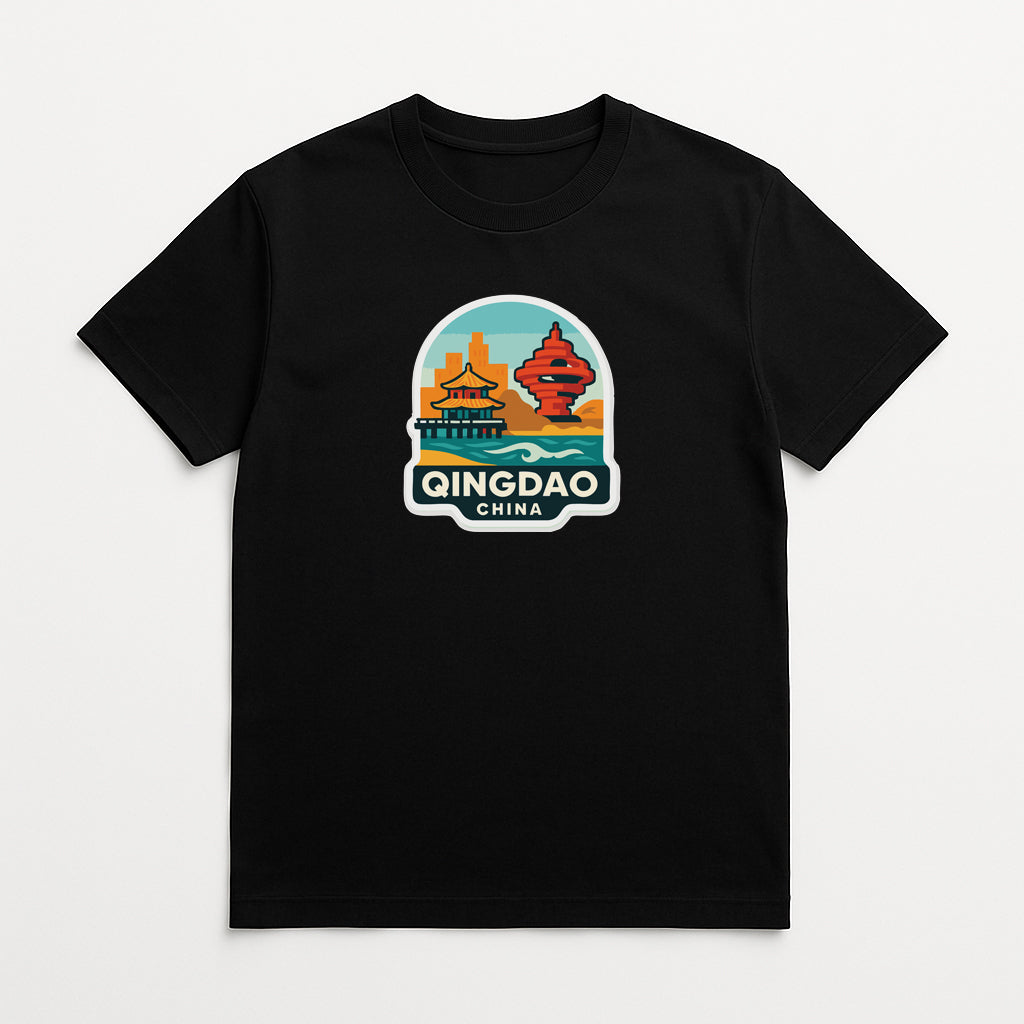 A black t-shirt with a graphic design depicting a city skyline and a red tower, along with the text "Qingdao China".