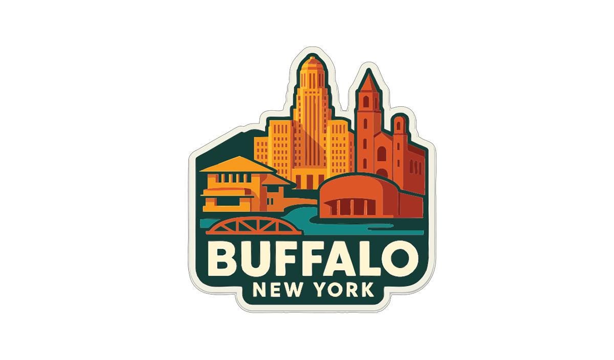 A sticker or emblem featuring the skyline of Buffalo, New York, with various buildings and landmarks depicted in a stylized manner.