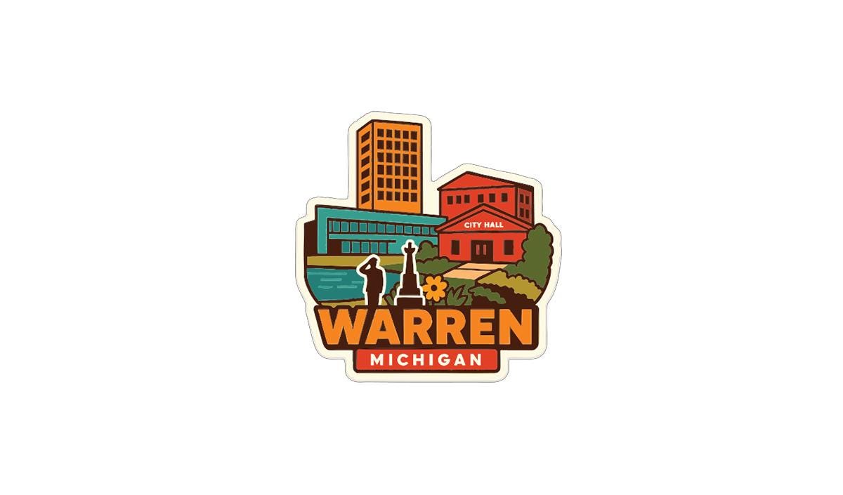 A colorful sticker depicting a cityscape with buildings, a monument, and a person, along with the text "WARREN MICHIGAN".