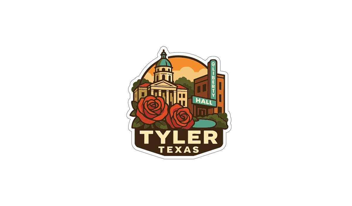 A stylized logo featuring a building with a dome, a sign for the Liberty Hall, and two large red roses.
