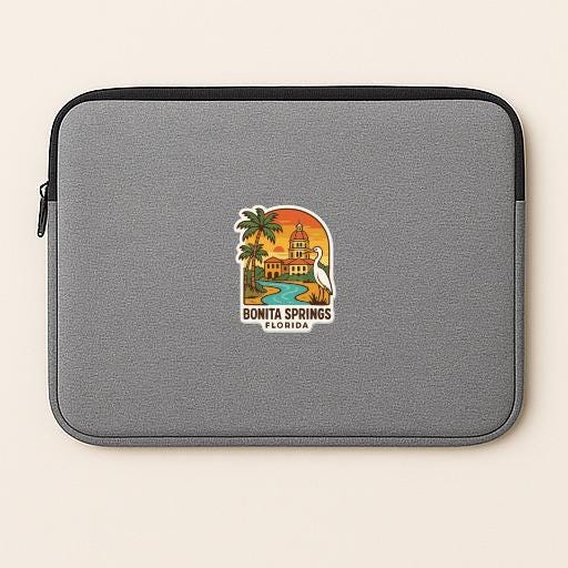 a gray laptop sleeve with a sticker of the Bonta Springs, Florida landmark.