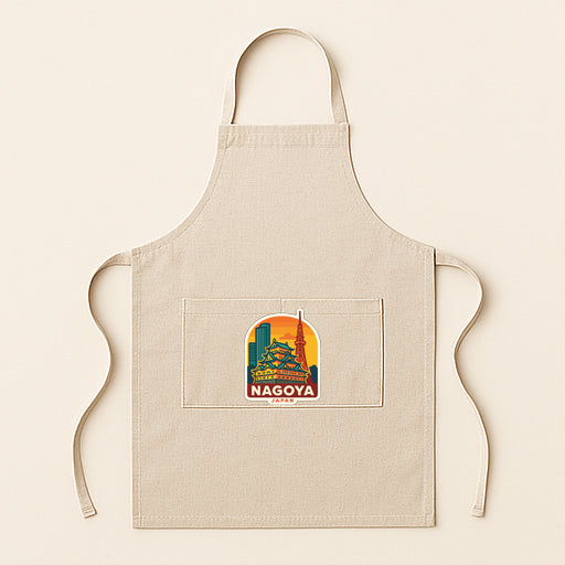 A beige apricot with a colorful graphic of Nagoya, Japan, printed on it.
