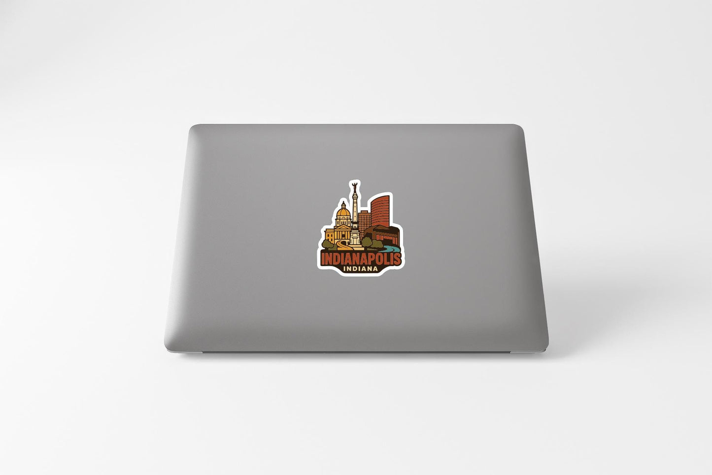 A sticker depicting the skyline of Indianapolis, Indiana.