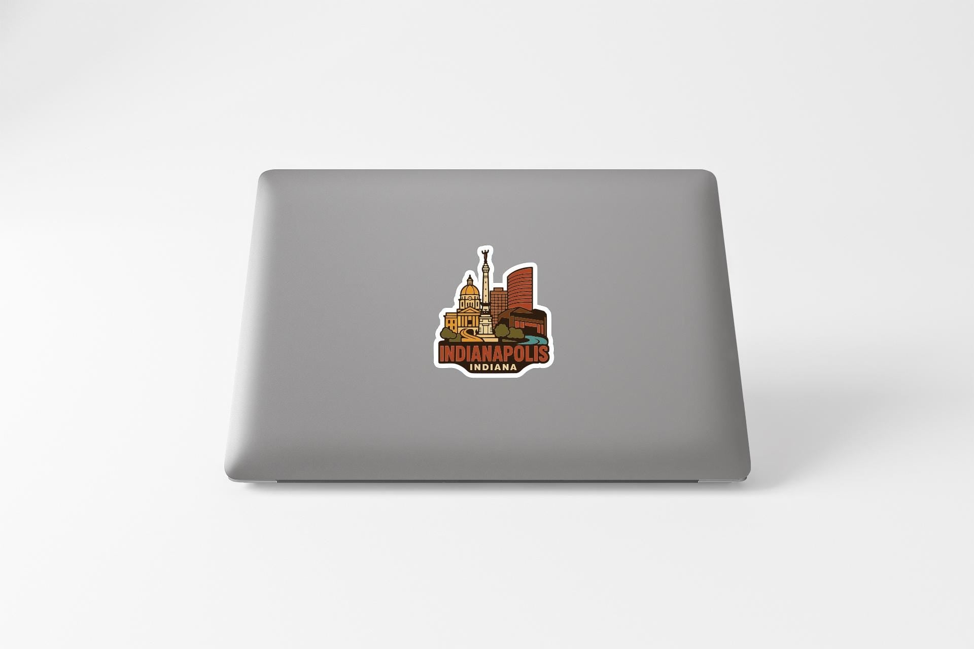 A sticker depicting the skyline of Indianapolis, Indiana.