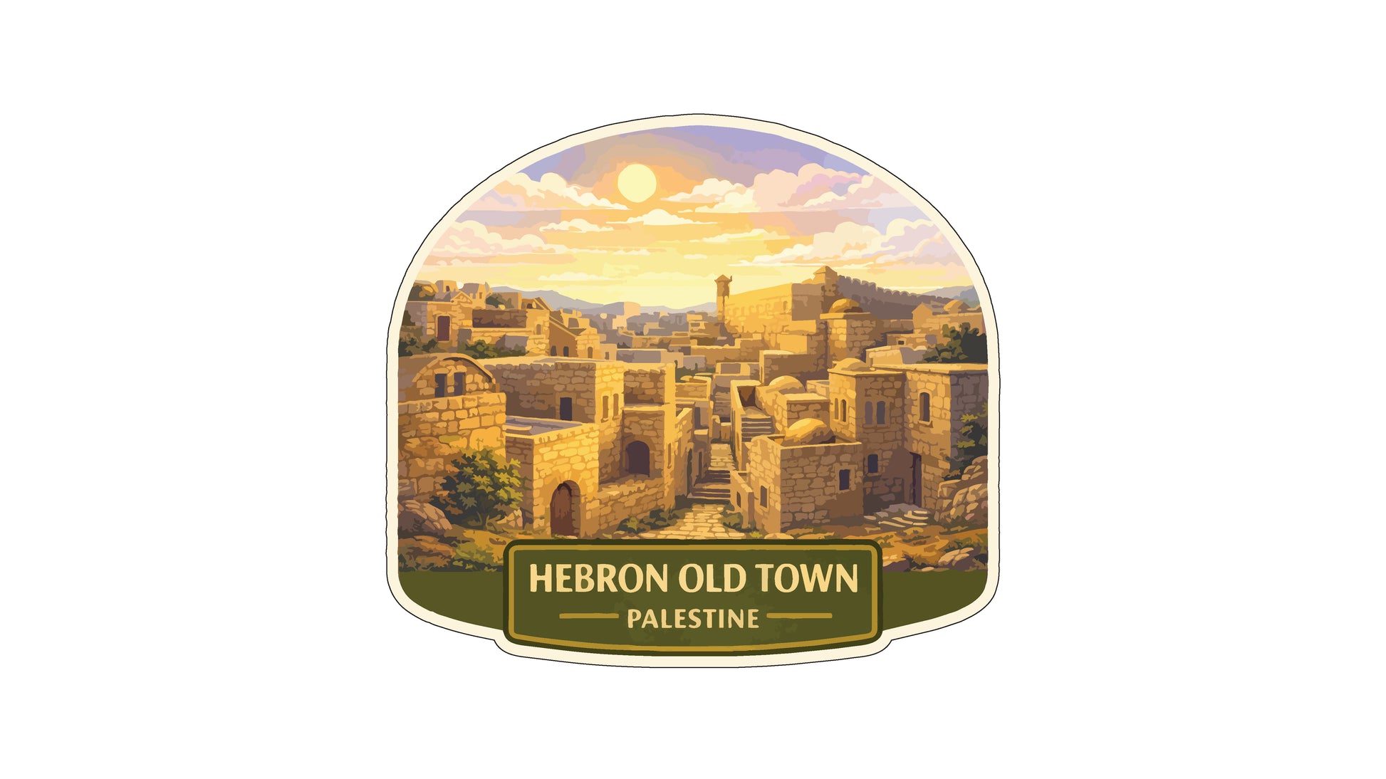 A stylized illustration of the ancient city of Hebra, featuring the city's distinctive architecture and landscape against a backdrop of a sunset sky.