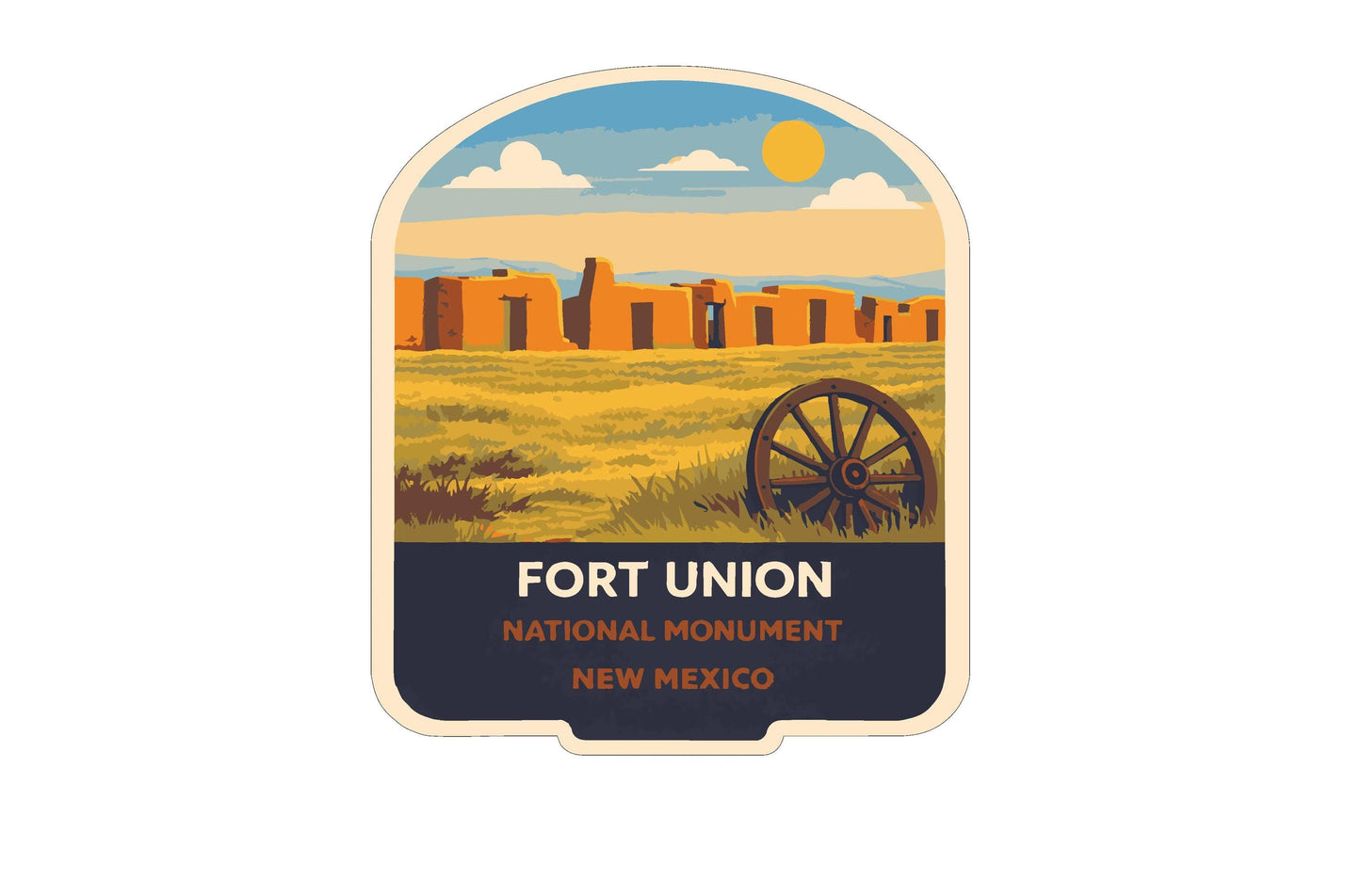 The image is a sticker or label for Fort Union National Monument in New Mexico, featuring a desert landscape with a wagon wheel in the foreground.