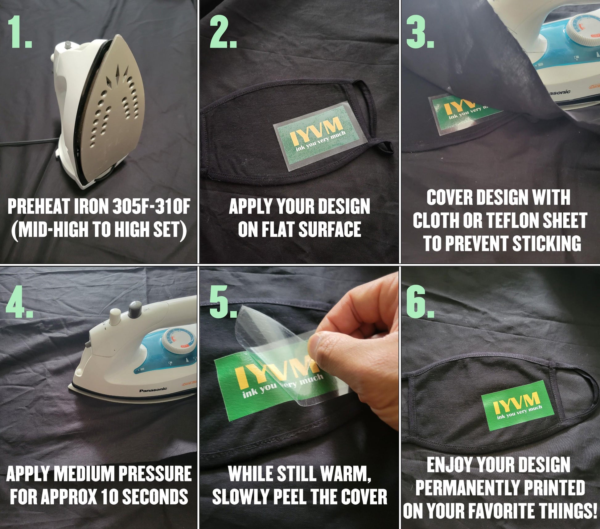 The image is a collage of six photos showing the step-by-step process of creating a cover design using a black cloth or teflon sheet, with a focus on ironing and applying the design.