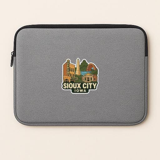 A gray laptop sleeve with a graphic of the Sioux City, Iowa skyline.