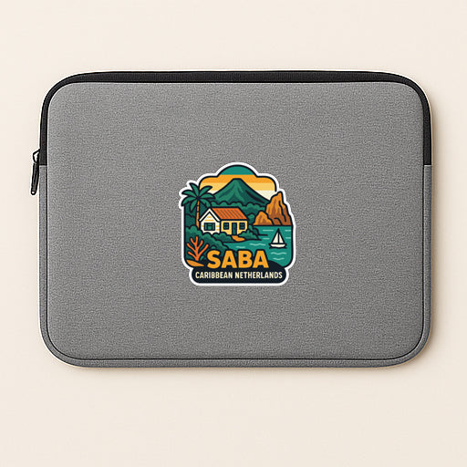 A gray laptop sleeve with a colorful graphic of a tropical island and the text "Saba Caribbean Netherlands" printed on it.