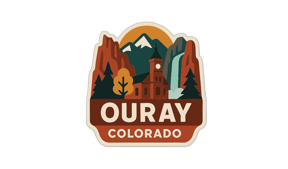a stylized illustration of a mountain range with a church, surrounded by trees and a waterfall, with the text "OURAY COLORADO" prominently displayed.